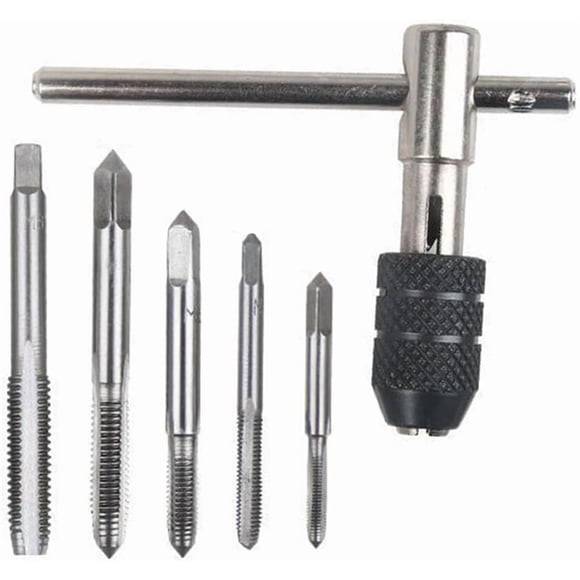 6 Pcs Adjustable T-Handle Tap Wrench Set, Ratchet Tap Holder Wrench with 5Pcs Metric M3 M4 M5 M6 M8 Machine Screw Taps Set T Type Thread Tapping Tool
