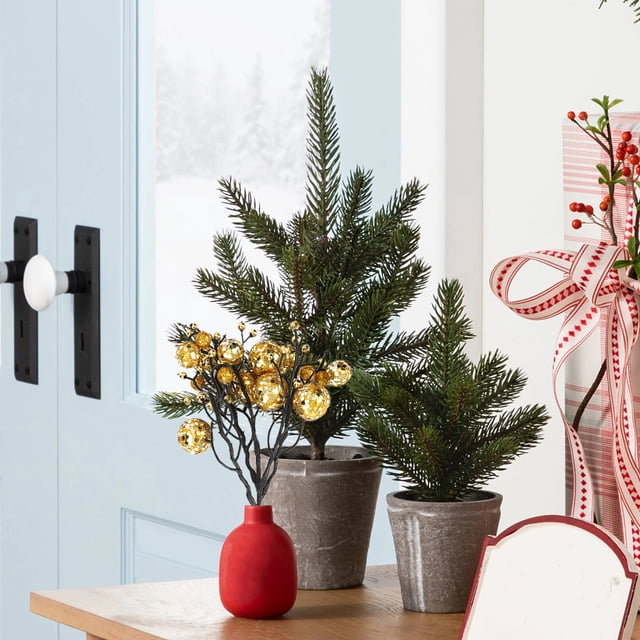 Birdeem Décorations de Sapin de Noël, Lumières de Sapin de Noël, Brindilles et Feuilles de Noël Dorées et Rouges, Couronne de Sapin de Noël en Rotin, Accessoires Décoratifs Diy, Sapin de Noël Extérieur