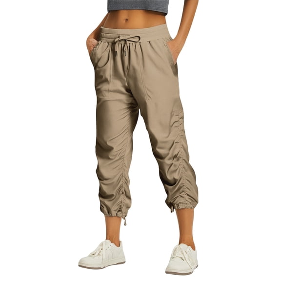 Summer Capris for Women Lightweight Quick Dry Elastic Waist Capri Pants Soft Breathable Stretch Joggers with Pockets Beige L