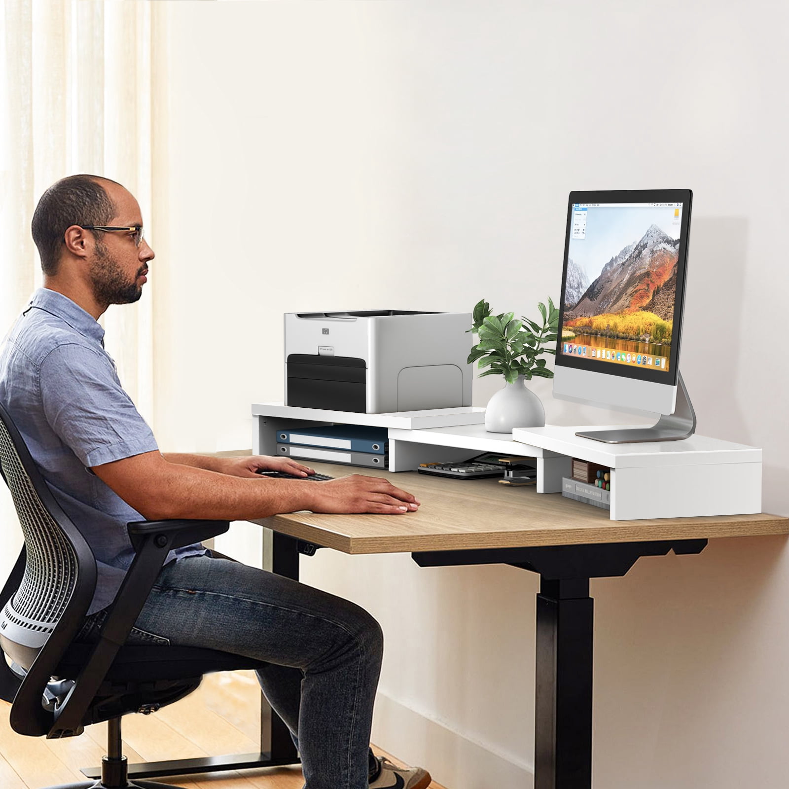RTVR Dual Monitor Stand Riser Office Desktop Organizer Stand for 2 Monitors, Adjustable Length & Angle 3 Shelf Extra Long for TV Computer Laptop White