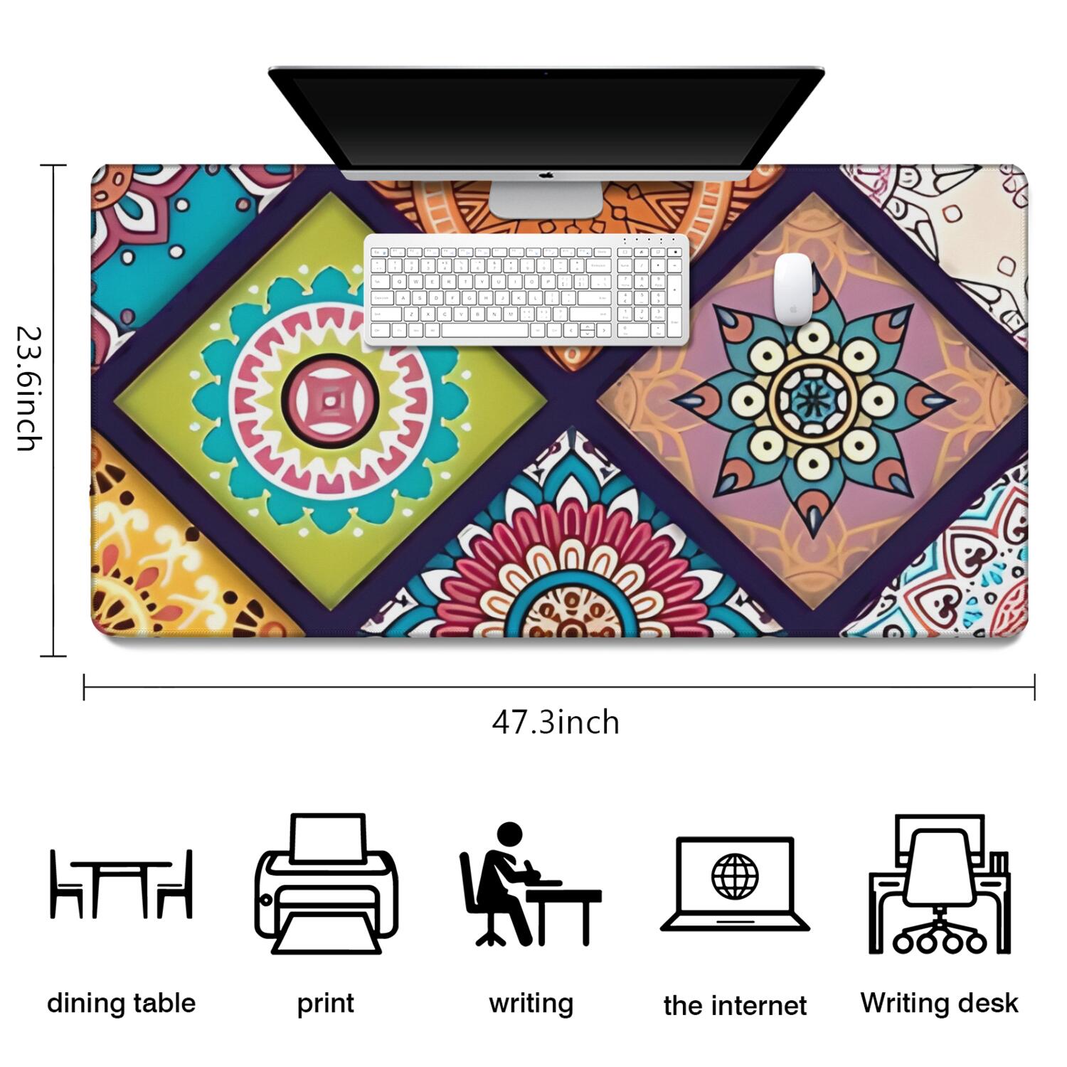 Long Mouse Pads for Desk,Multicolor Ethnic Mandala Pattern Desk Mats on Top Of Desks, Desk Mouse Pad Extra Large with 3mm Non-Slip Base and Stitched Edge for Gaming,Office,Work,Home 47.3"x23.6"