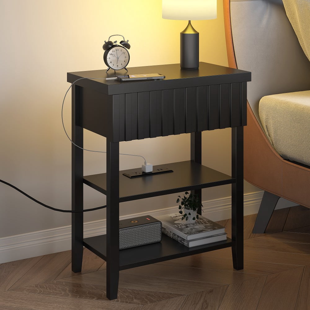 Nightstands Set of 2 with Charging Station, 2 USB Ports & 2 AC Outlets, Fluted Farmhouse Bedside Tables with Drawer & 2 Open Shelves, Black