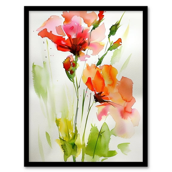 Artery8 Abstract Flowers Red Green Watercolour Painting Living Room Art Print Framed Poster Wall Decor 12x16 inch