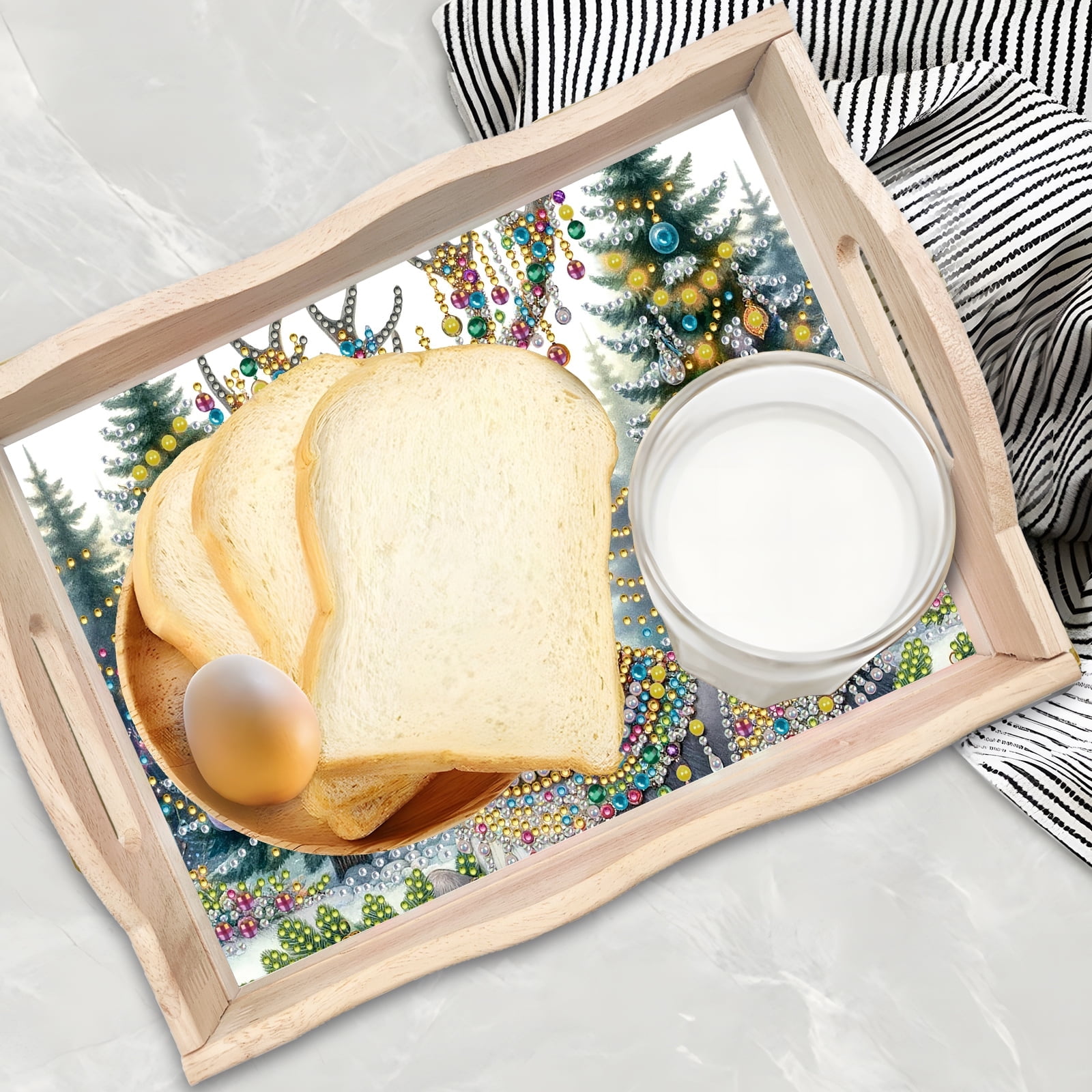 FLOPESN DIY Diamond Art Painting Handmade Wooden Tray,Creative Design Serving Dinner Plate for Coffee Living Room Home Organizer-Christmas Elk