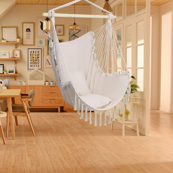 Feirrmimo Bohemian Hanging Chair with Tassel Pillow - Beige Macrame Swing Seat for Indoor & Outdoor Relaxation