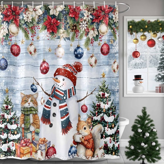 Christmas Snowman Shower Curtains for Bathroom, Squirrel Cat Xmas Tree Ball Blue Board Waterproof Fabric Shower Curtain for Bathroom Bathtub Decoration, Machine Washable, 60"x72"