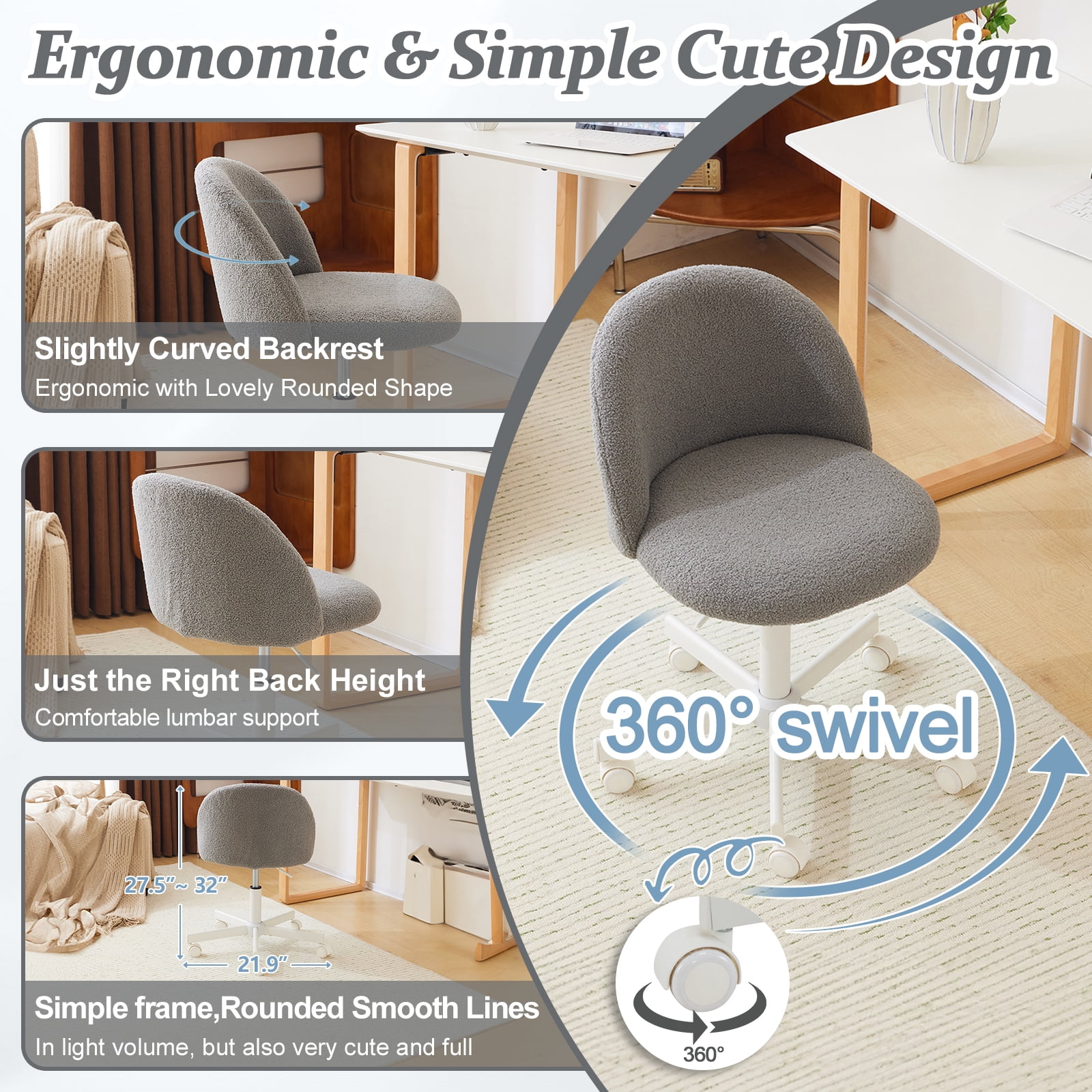 Ktaxon Armless Home Office Desk Chair Cute Mid Back Vanity Stool Teddy Velvet Swivel Task Chairs with Wheels Gray