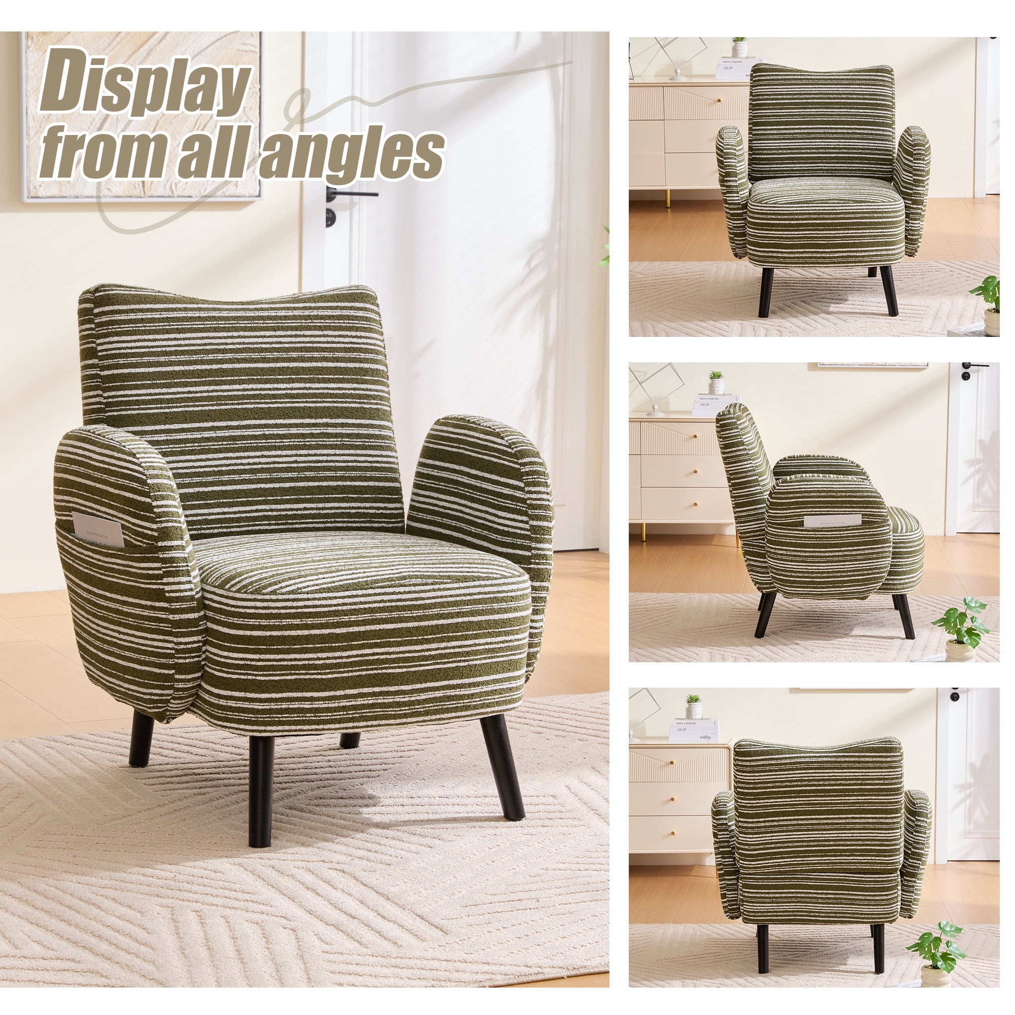MOONMISS Modern Accent Chair with Ultra-Comfortable Armrests, Pillows and Storage Pockets, Deep-Seated Loveseat Sofa Couch for Bedroom, Small Spaces, Apartments (Olive)
