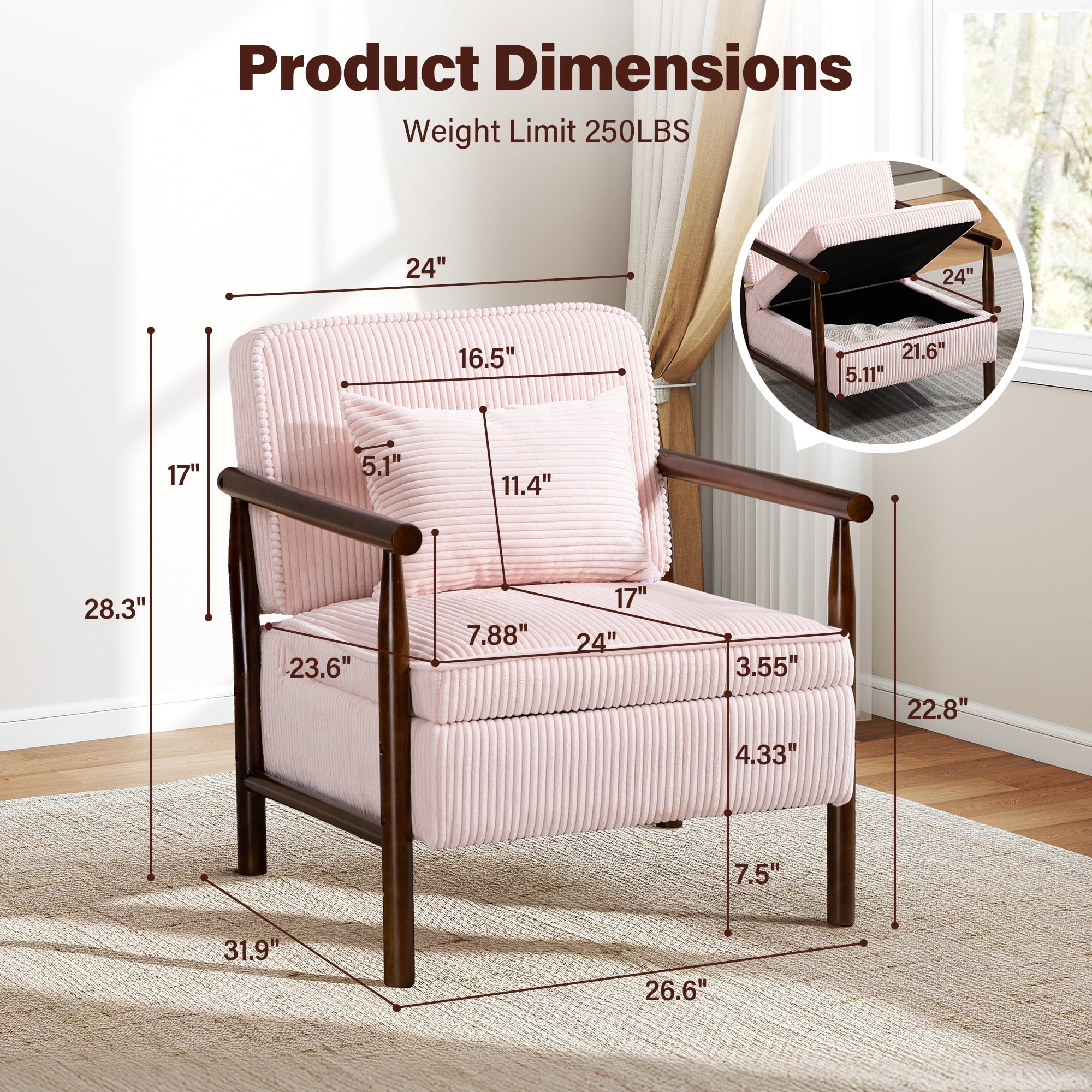 Aukfa Upholstered Accent Chair with Storage Seat & Waist Cushion, High-Density Lounge Armchair for Living Room Bedroom,Pink