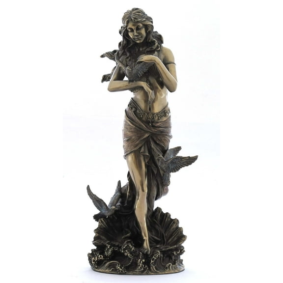 11" Aphrodite with Doves Standing on Sea Shell Statue, Bronze Color