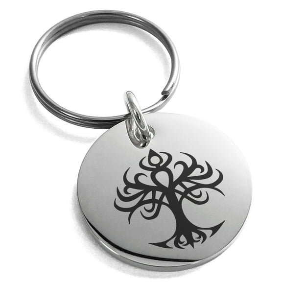 Stainless Steel Tribal Tree of Life Engraved Small Medallion Circle Charm Keychain Keyring