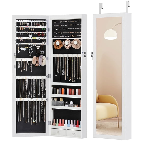 Bigleap Mirror Jewellery Cabinet Lockable Wall Mounted Jewelry Armoire Organizer with 6 LED Light