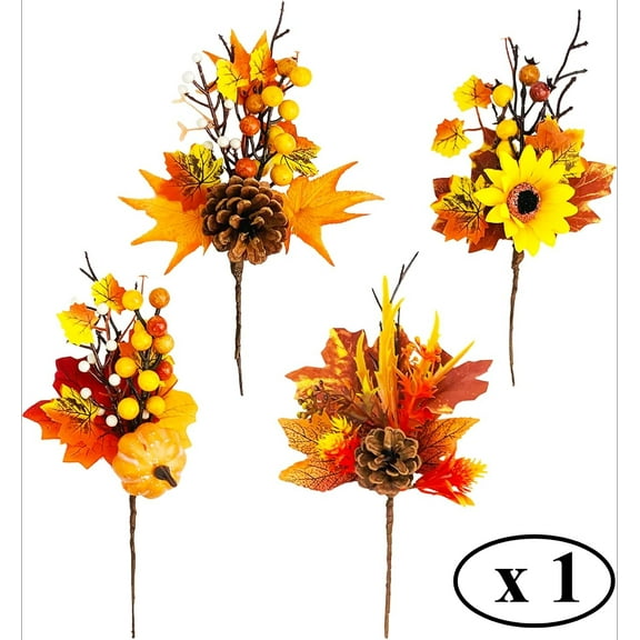 Fall Floral Picks, 9” Autumn Pumpkin Berry Picks Maple Leaves Stems Artificial Fall Flower Picks for Harvest Halloween Thanksgiving Christmas DIY Home Table Decor