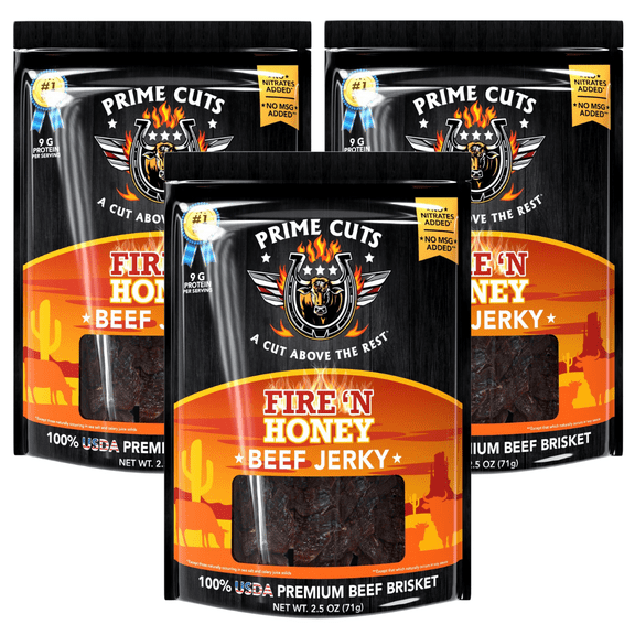 Prime Cuts Fire n Honey Beef Jerky | Premium USDA Beef Brisket | 24-48 Hour Marination | Sweet and Spicy Flavor | High-Protein, Low-Carb Snack for Fitness and Adventure | Made in the USA