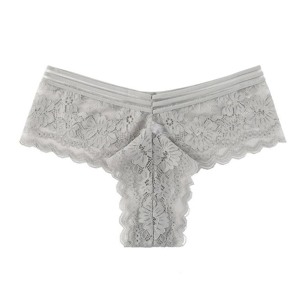 Gibobby Panty Microfibra con Encaje Bragas de mujer, Tanga, conjunto de colores, lencería opcional, bragas de Tanga de encaje con lados de flores huecas(Gris, M)