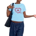 thumbnail image 3 of TSADFHJI Chandails en Molleton pour Femmes Coton Manches Courtes Mode Décontractée Imprimé Col Rond Manches Courtes Hauts Ajustés T-Shirts TTG Bleu, 3 of 4