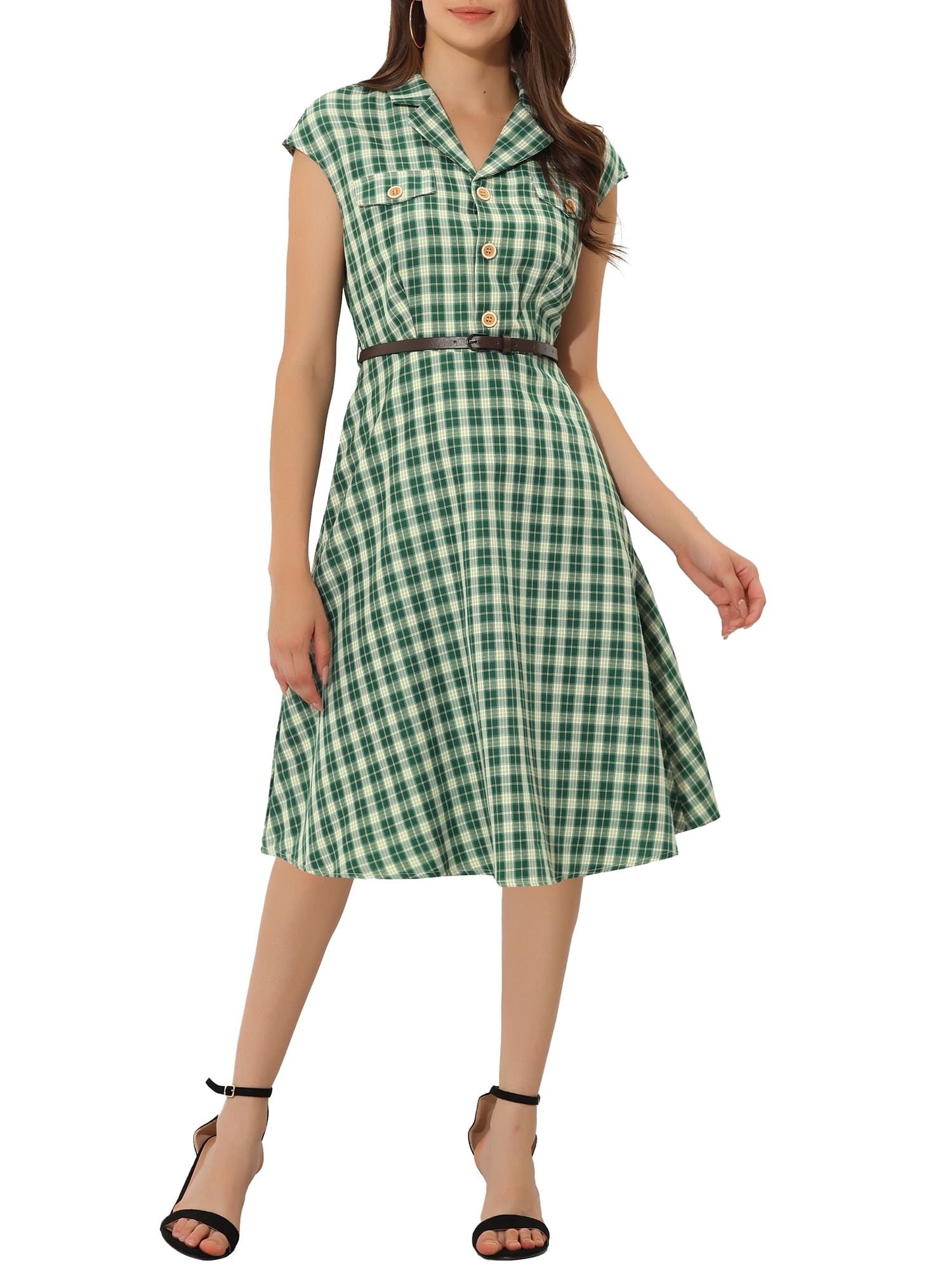 Unique Bargains Women's Button Front Cap Sleeve Retro Belted Plaid Dresses M Green