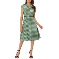 thumbnail image 2 of Allegra K Women's Button Front Cap Sleeve Retro Belted Plaid Dresses, 2 of 5