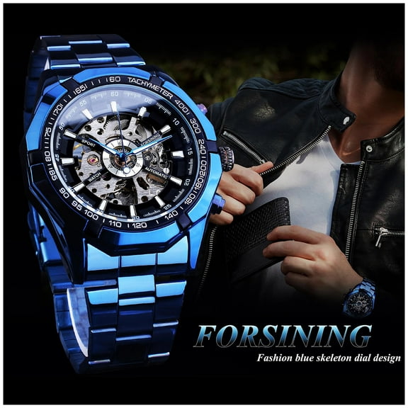 Smartwatches - Men's Watch Self-winding Skeleton Mechanical Automatic Watch, Blue And Black Stainless Steel Strap Watch