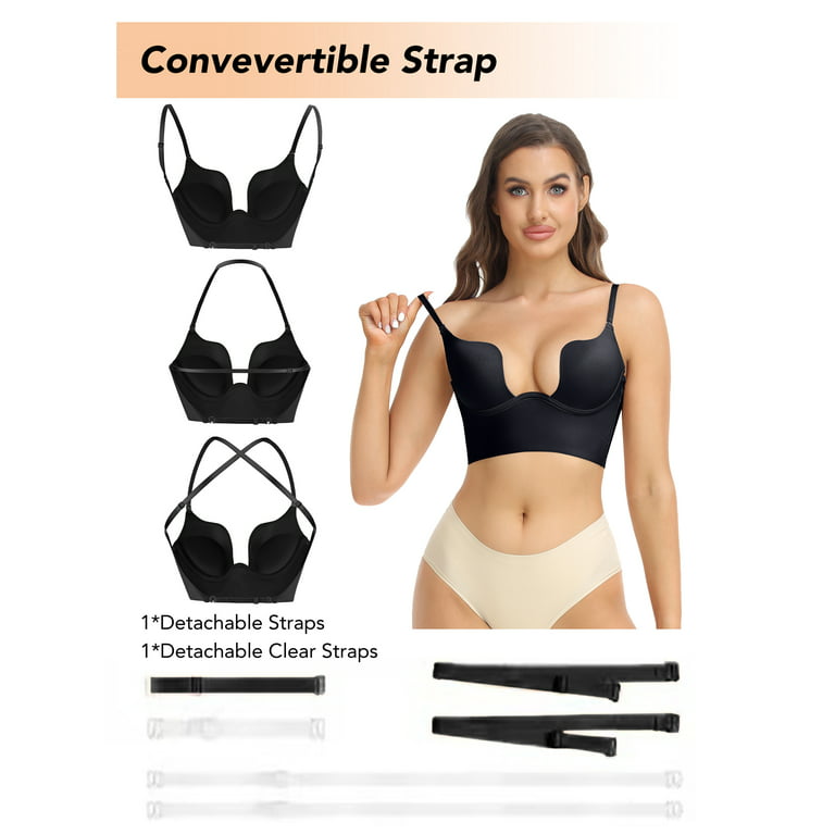 Deep Plunge Push Up Bra for Women Low Back Bra Wire Lifting Bra with  Multiway Convertible Straps