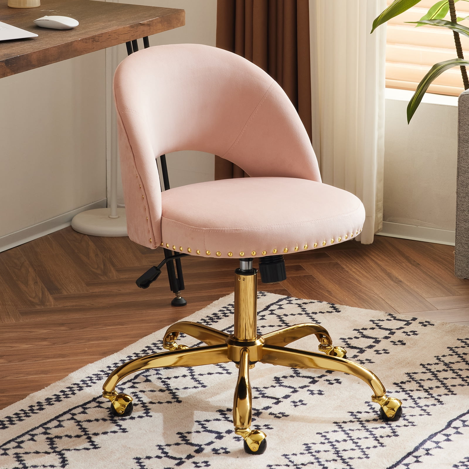 Ktaxon Office Desk Chair Adjustable Flannel Computer Task Chair Small Rolling Vanity Stool with Wheels for Study Make-up Dressing Room Pink