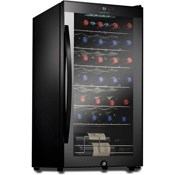 NutriChef 28 Bottle Large Compressor Wine Cooler Refrigerator Cooling System Black Glass Door