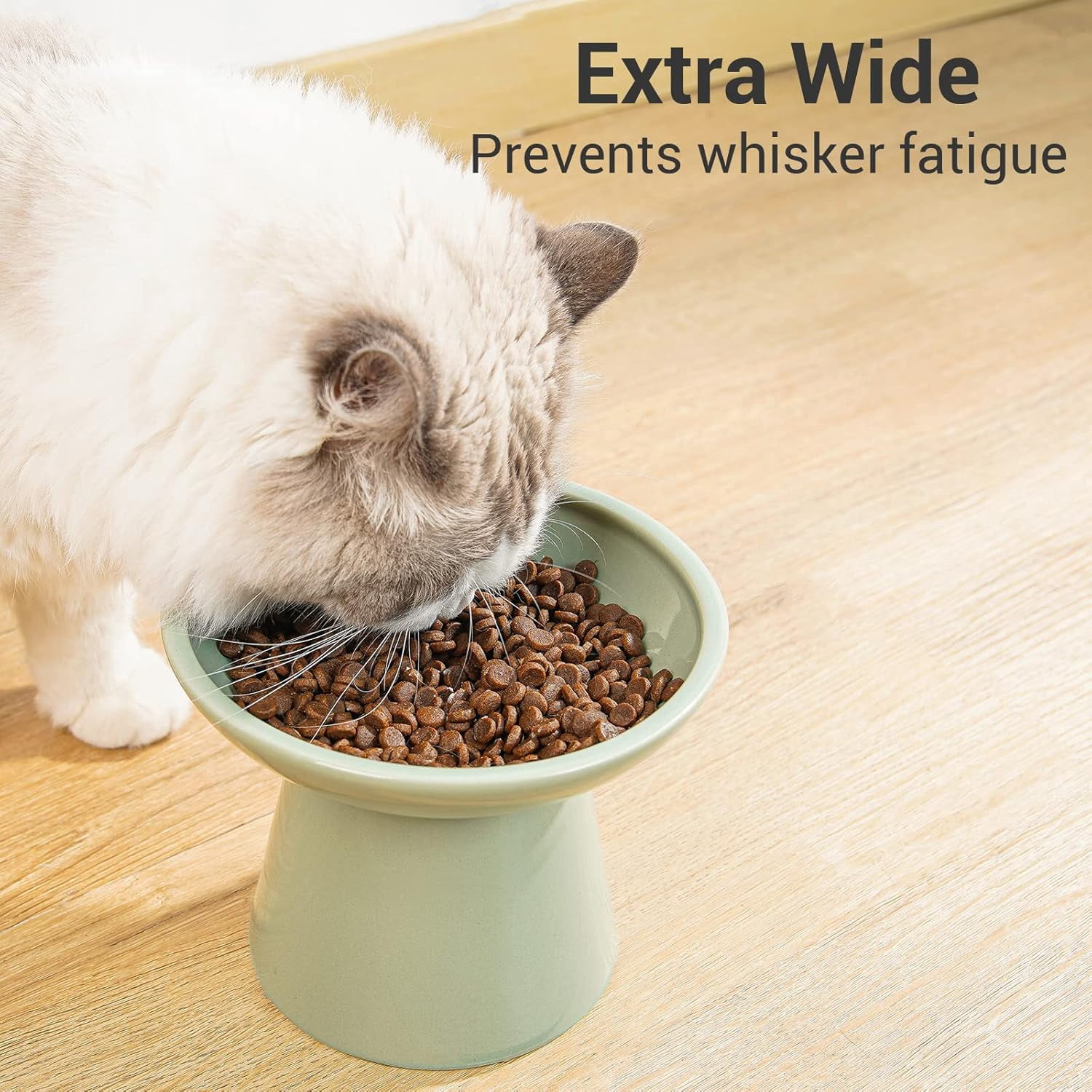 Extra Wide Elevated Ceramic Cat Bowl, 6.2" Shallow Dish for Whisker Fatigue Relief, 5" Height for Easy Feeding, Durable Raised Cat Food Bowls, Pack of 2, Sage Green