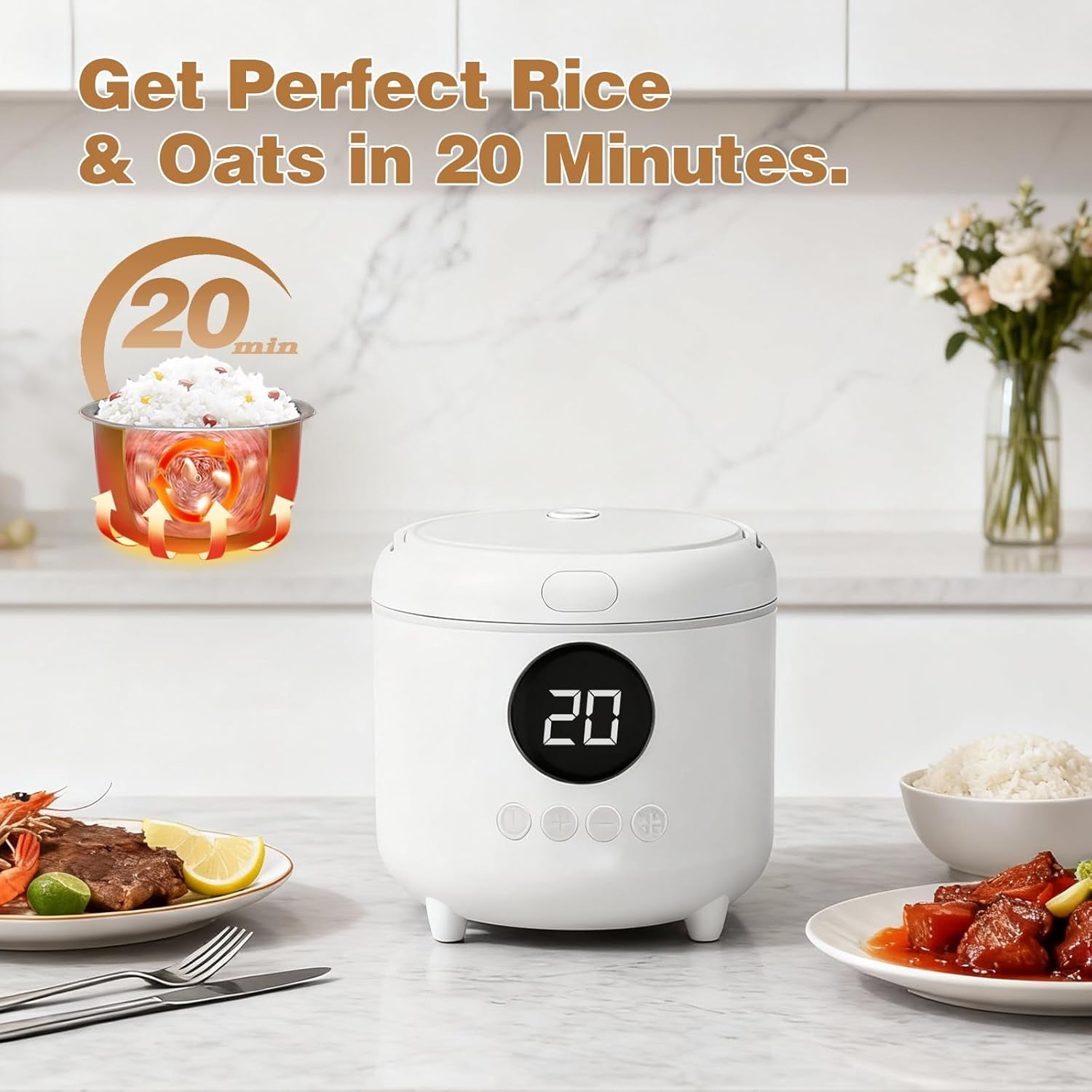 Rice Cooker with Timer for 1-2 People, 2-Cup Uncooked Capacity, 6 Modes for Rice & Oatmeal, Nonstick Pot