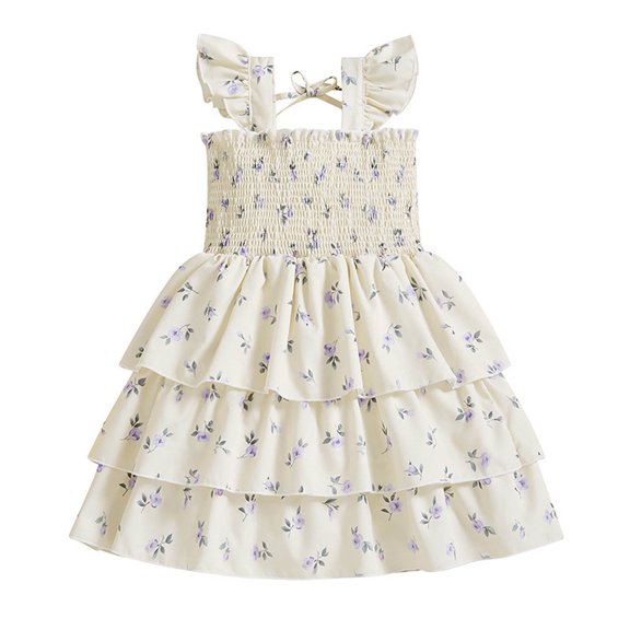 QNANSPI Girls Summer Casual Dresses, Tiered Twirl Sundress for Girls, Little Girls Summer Solid Color Ruffle Sleeve Round Neck Casual Everyday Wear Holiday Outfit Princess Dress Made for 2-10Y