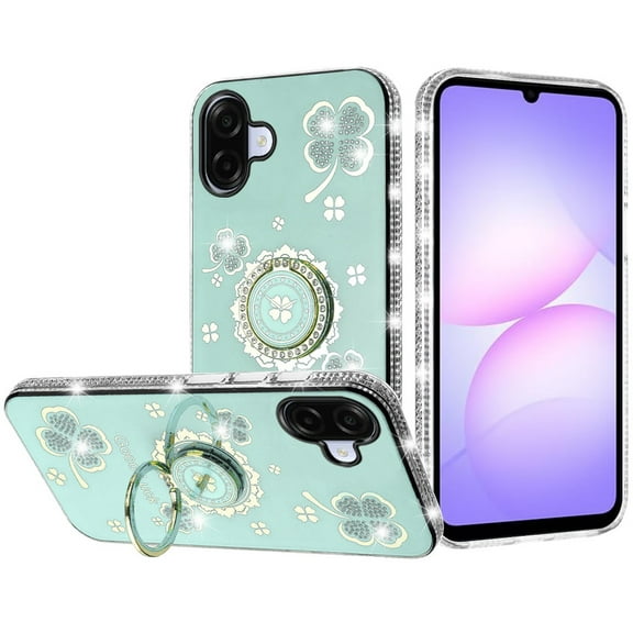 For Samsung Galaxy A07 Splendid Glitter with Diamonds All Around Edges Ring Stand Case Cover - Teal