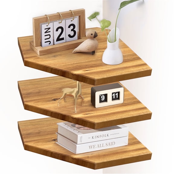 Corner Shelf Wall Mount, Set of 3 Solid Acacia Wood 11.8 x 16.5 inches Floating Corner Shelves, Smooth - Durable - Attractive Corner Shelves for Bedroom Living Room Bathroom Kitchen