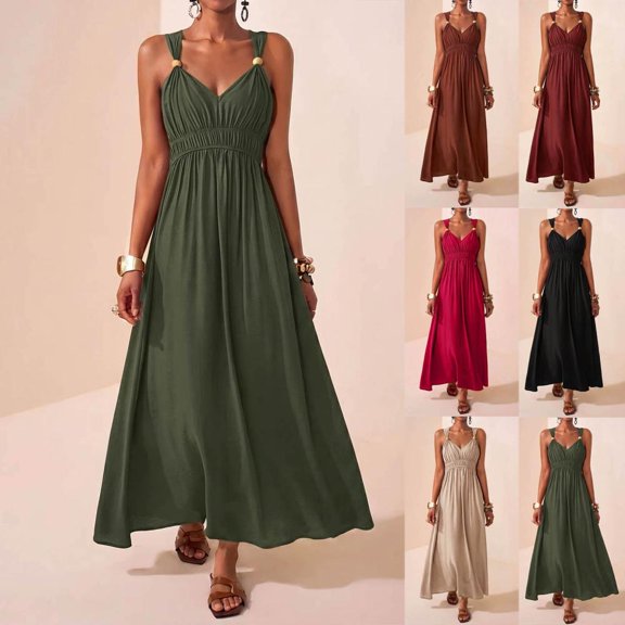 Bxsruta Womens Summer Maxi Dress V Neck Sleeveless Flowy Casual Long Sundresses