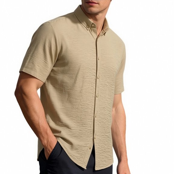 Maqroz Mens Fashion Tops Casual Short Sleeve Button Down Shirt Crinkle Texture Lightweight Vacation Holiday Resort Wear Essential
