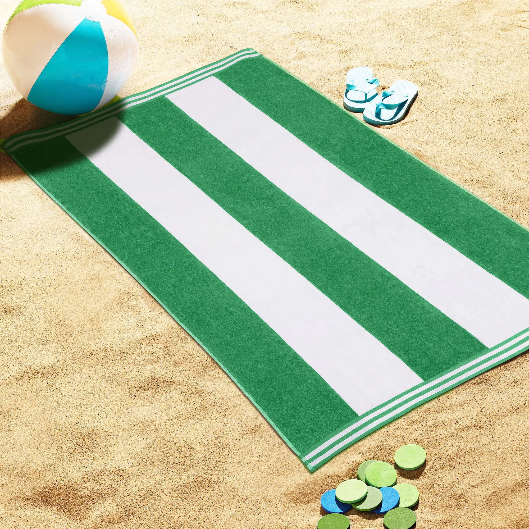 Superior Cabana Striped 4-Piece Oversized Cotton Beach Towel Set, Dark Green
