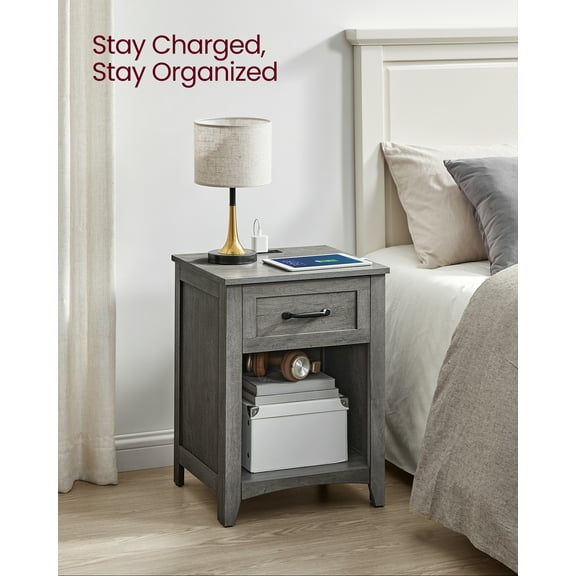 LIRY 2-Piece Farmhouse Nightstand Set with USB Charging Station, Drawer & Open Shelf, Bedside Table for Home Decor, Misty Gray