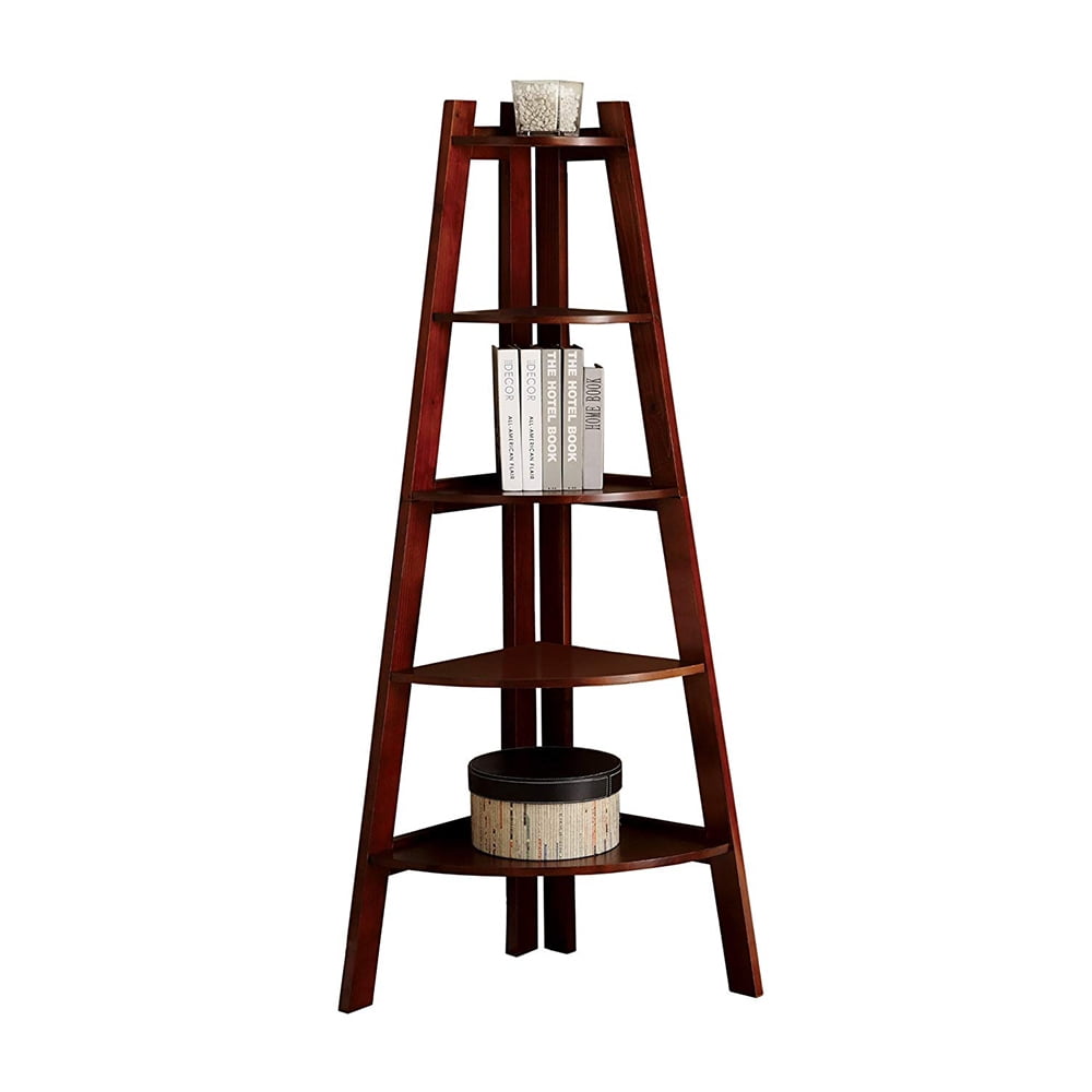 Furniture of America Lyss Contemporary 5 Tier Wooden Corner Ladder Shelf, Cherry