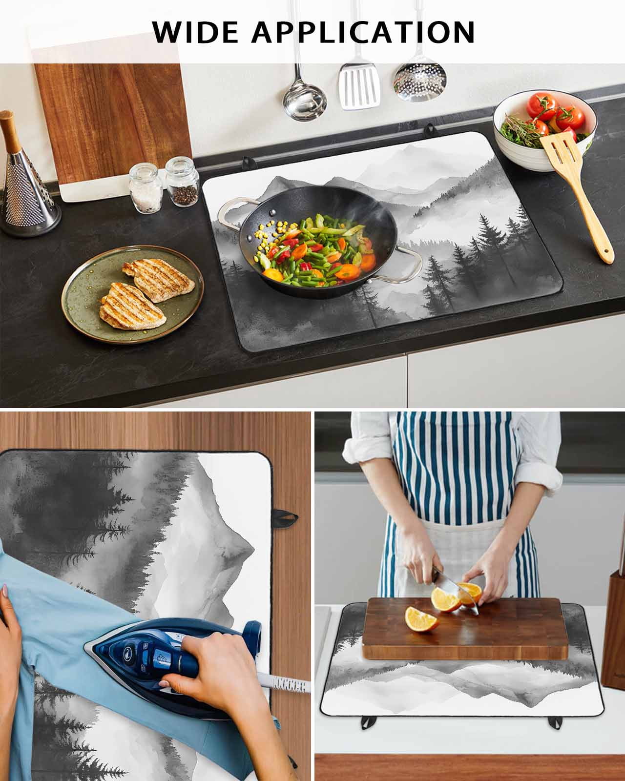 nqOlkjepod Large Induction Cooktop Protector Mat 36"x21", Black Mist Forest Stove Top Covers for Electric Stove, Vintage Natural Mountain Landscape Stove Burner Cover Mats, Glass Top Stove Cover