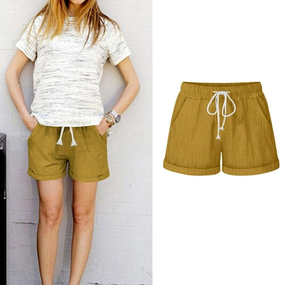 aidice Plus Size Linen Cotton Shorts Summer Causal Classic Drawstring Shorts with Pockets Lightweight Comfy Solid Shorts