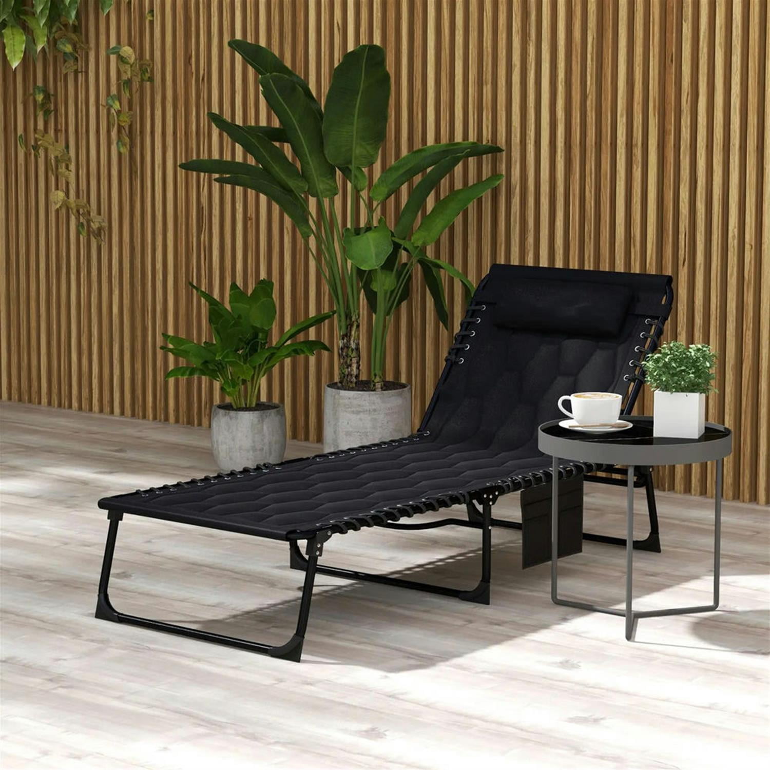 Demi Bonn Outdoor Folding Lounger Chaise with Reclining, Heavy Duty Frame, Portable Relaxation for Beach, Yard, Patio, Black
