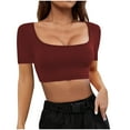 thumbnail image 2 of Delliss Women's Trendy Crop T-Shirt Solid Color Slim Fit Top Wine M, 2 of 5