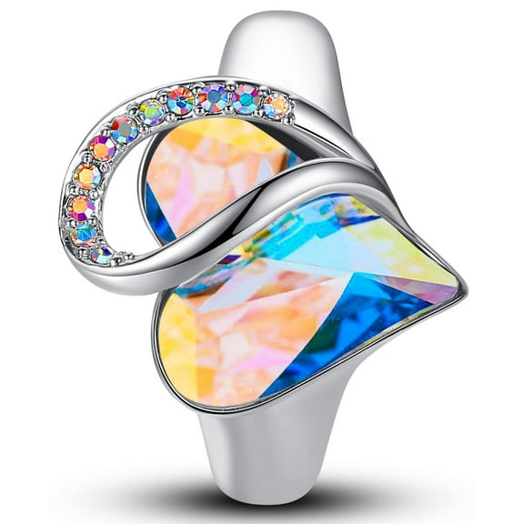 Leafael Infinity Love Women's Adjustable Heart Ring Rainbow Opal White Birthstone Crystal for April, Healing Stone for Purification, Jewelry Gifts for Women, Silver-tone, Open End, Size 6.5-8