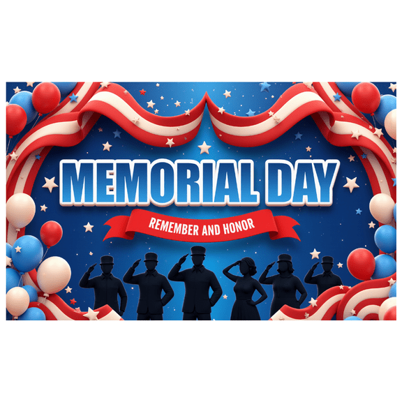 Patriotic Design Memorial Day Banner Red White Blue Balloons Stars for Military Ceremonies Honor Celebrations