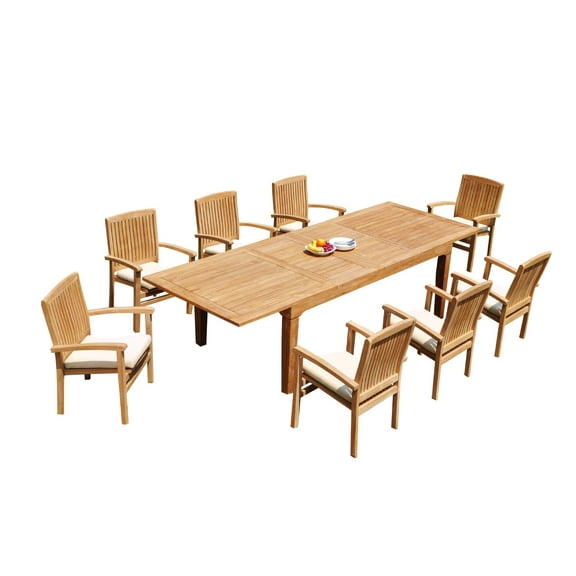 Grade-A Teak Dining Set: 8 Seater 9 Pc: 122" Caranas Rectangle Table And 8 Wave Stacking Arm Chairs Outdoor Patio WholesaleTeak #51WV2909