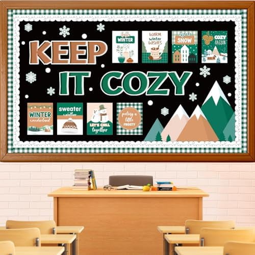 Winter Mountains Bulletin Board Decoration Set, Christmas Classroom Decorations Snowman Snowflake Educational Poster Cutouts Holiday Library School Window Wall Door Decor for Teacher(Keep It Cozy)