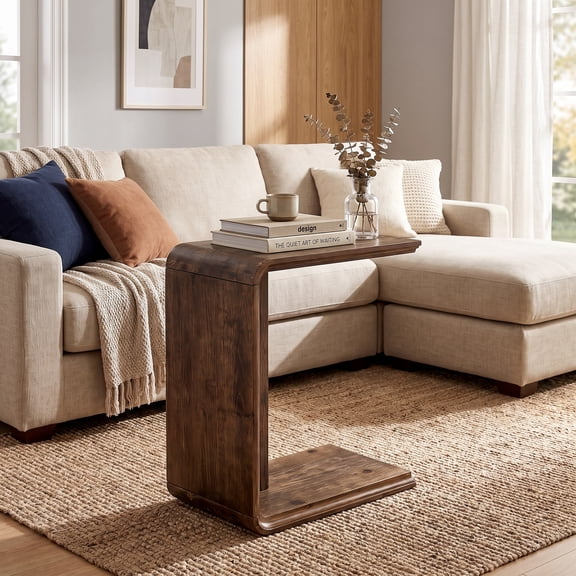 Fnova C‑Shaped Solid‑Wood End Table, Thickened Curved‑Edge Tabletop, Side Table for Living Room, Bedroom & Sofa Side Usage