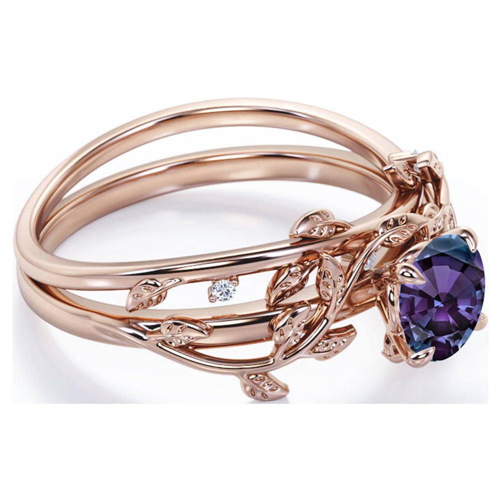 JeenMata 0.50 Carat - Round Cut Lab Created Alexandrite Ring Set - Leaf & Vine Wedding Ring Set - 18K Rose Gold Plating Over Silver
