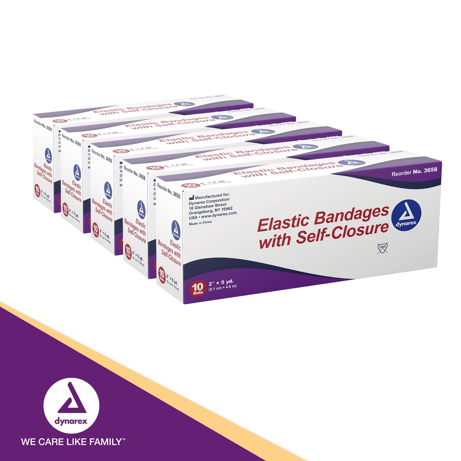 Dynarex Elastic Bandages with Self-Closure, Outstanding Compression and Stretch, Latex-Free Elastic Bandages with Velcro Closure,  2" x 5 yds., 1 Case of 50 Elastic Wrap Bandages (5 Boxes of 10)