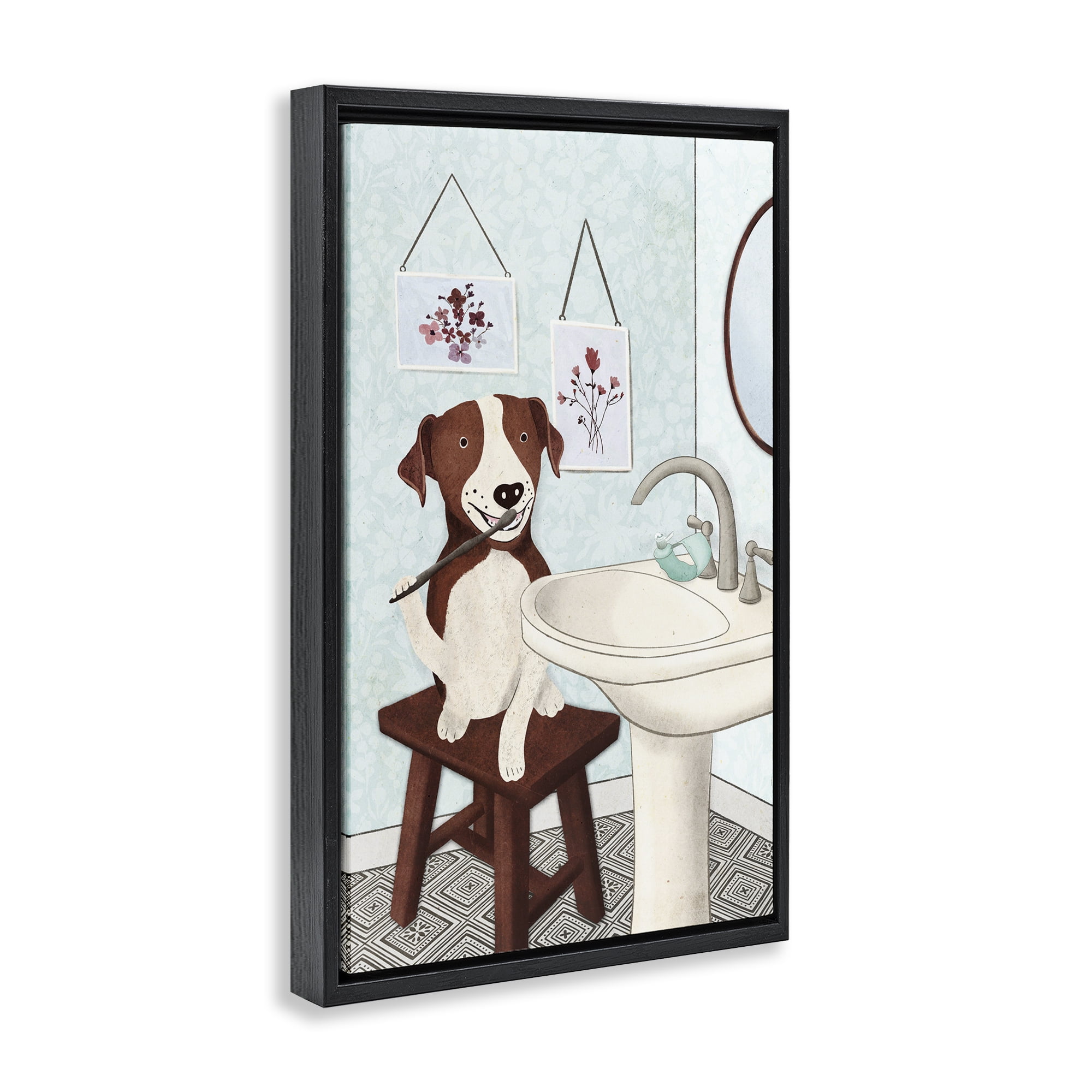 Stupell Industries Dog Brushing Teeth Typography Painting Black Floater Framed Canvas Art Print Wall Art, 21 x 31