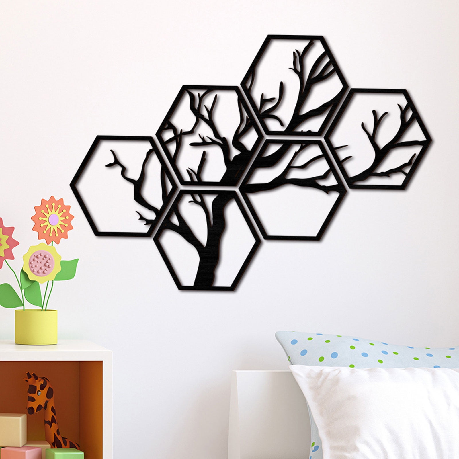 Hexagon Assemble Wooden TreeShaped Wall Stickers Black Lacquer Hexagon