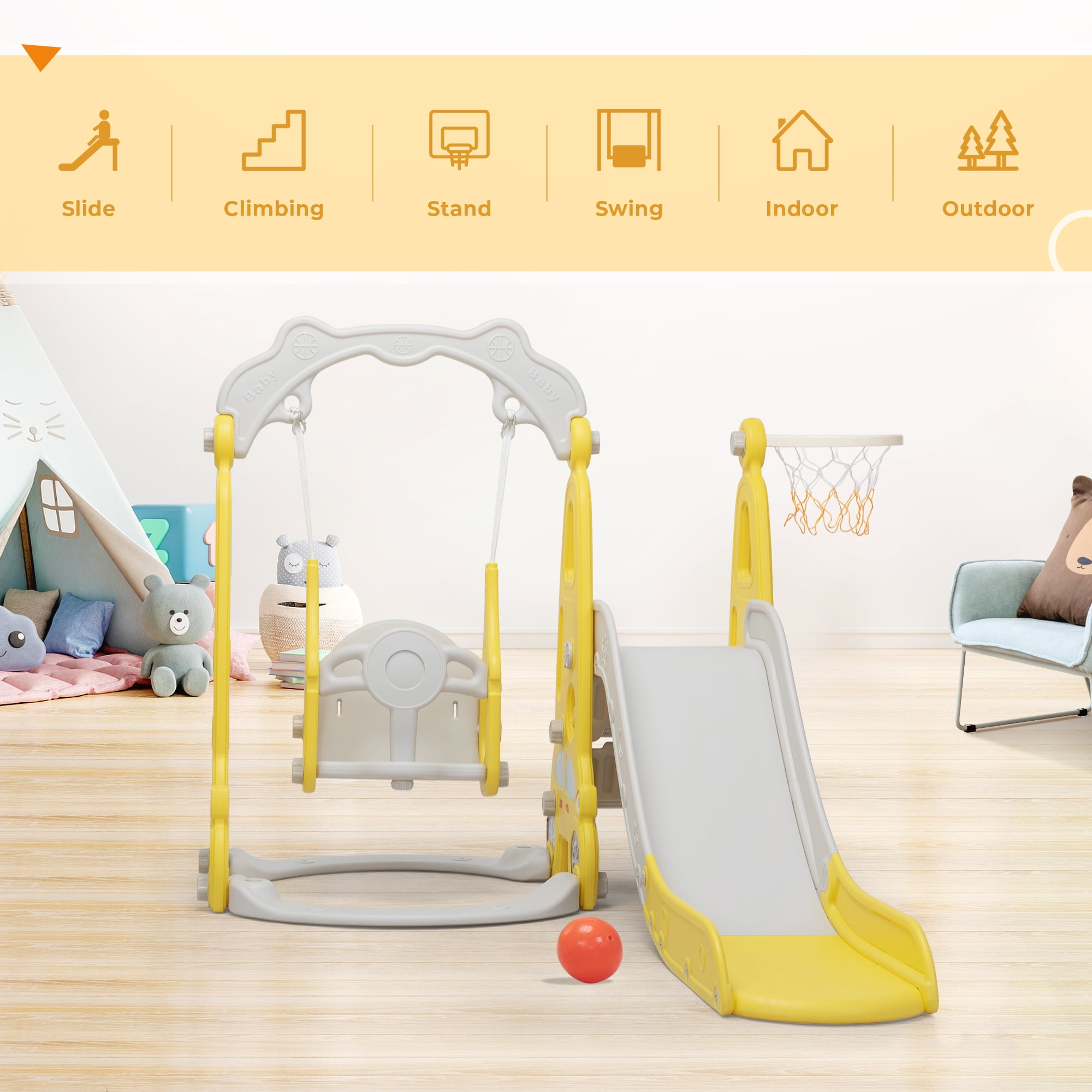 TOBBI 4 in 1 Toddler Climber and Swing Set, Play Climber Freestanding Slides Playset for Kids, Indoor Outdoor Playground Toy with Basketball Hoop & Ball Yellow